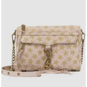 Rebecca Minkoff Mini M.A.C.Crossbody Bag in Cream Suede Glittery Gold Stars Glam